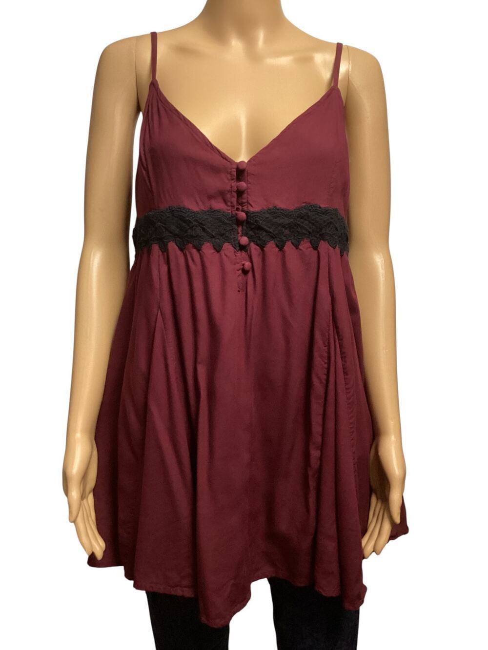 Urban Outfitters Burgundy Maroon Babydoll Mini Dress Cami Top Black Lace Trim M